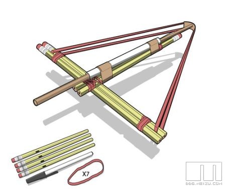 4支完整的铅笔,7根皮筋,胶带还有木棒(箭的来源,可用一次性筷子)