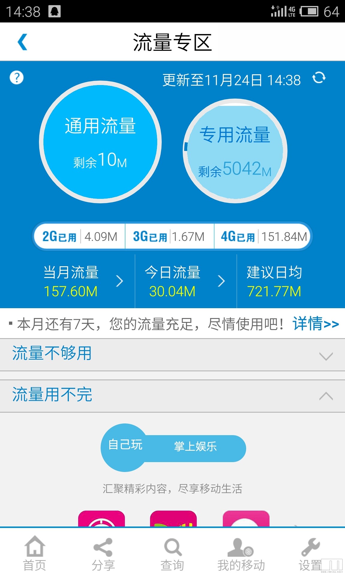 可以在移动领10G的4G流量,大家快去吧!